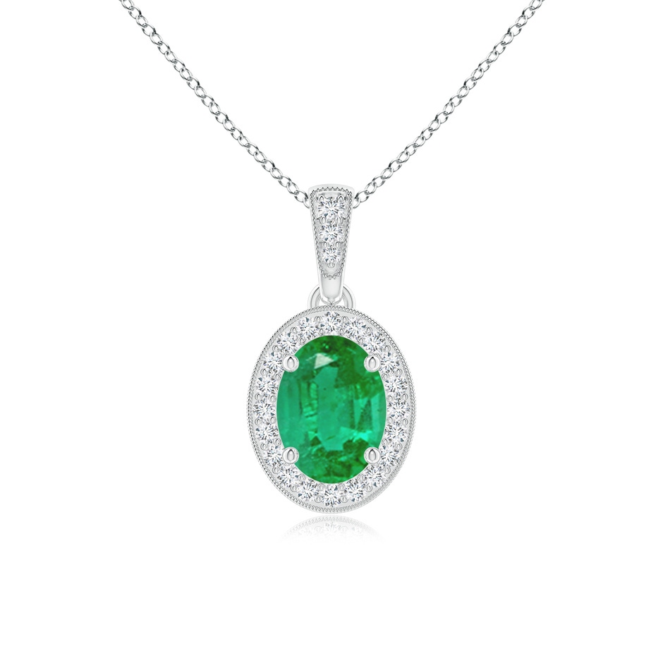 7x5mm AA Vintage Style Oval Emerald Pendant with Diamond Halo in White Gold 
