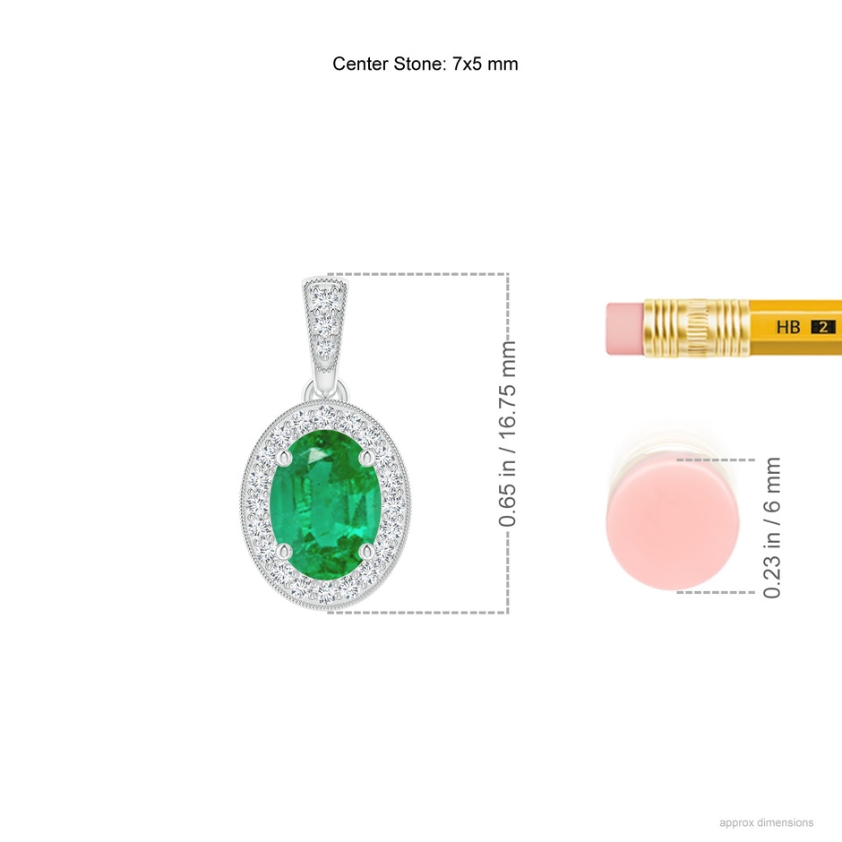 7x5mm AA Vintage Style Oval Emerald Pendant with Diamond Halo in White Gold ruler