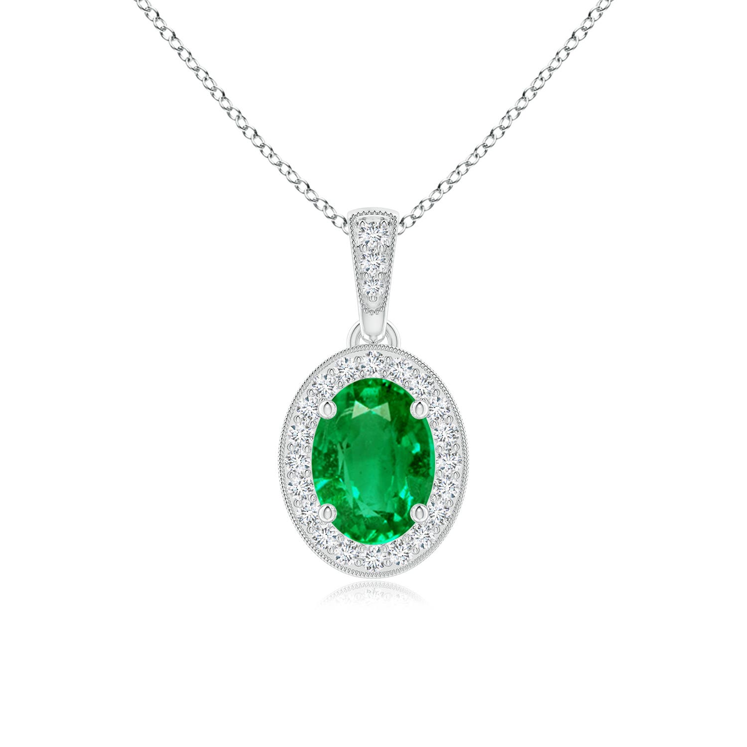 Vintage Style Oval Emerald Pendant with Diamond Halo | Angara