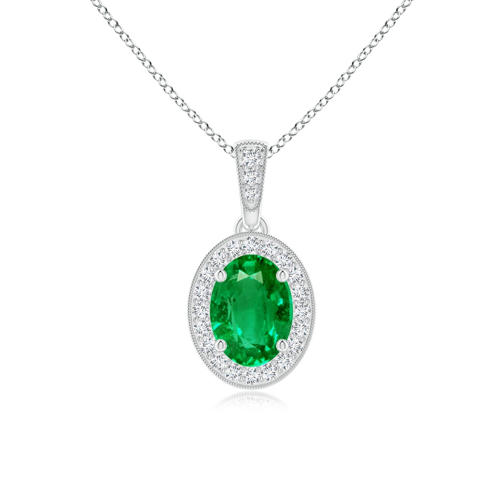 7x5mm AAA Vintage Style Oval Emerald Pendant with Diamond Halo in White Gold