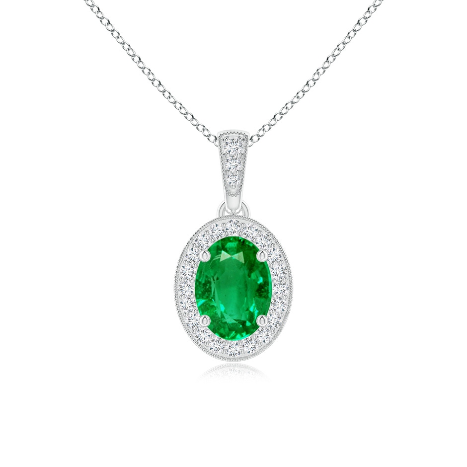 7x5mm AAA Vintage Style Oval Emerald Pendant with Diamond Halo in White Gold 