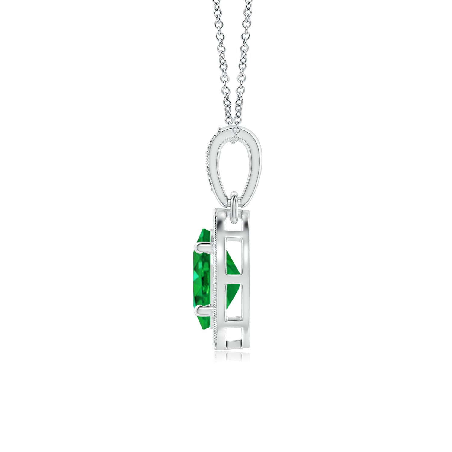 7x5mm AAA Vintage Style Oval Emerald Pendant with Diamond Halo in White Gold