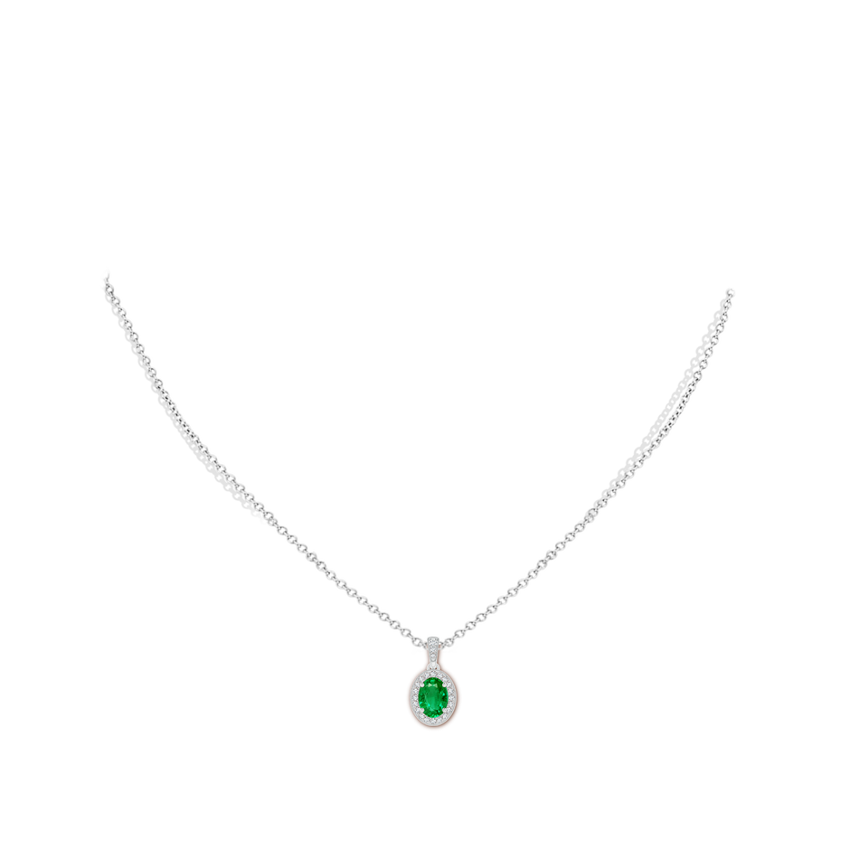 7x5mm AAA Vintage Style Oval Emerald Pendant with Diamond Halo in White Gold Body-Neck