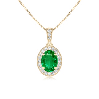 7x5mm AAA Vintage Style Oval Emerald Pendant with Diamond Halo in Yellow Gold