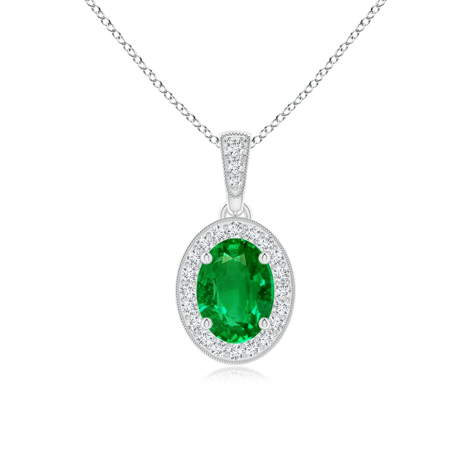 7x5mm AAAA Vintage Style Oval Emerald Pendant with Diamond Halo in White Gold 