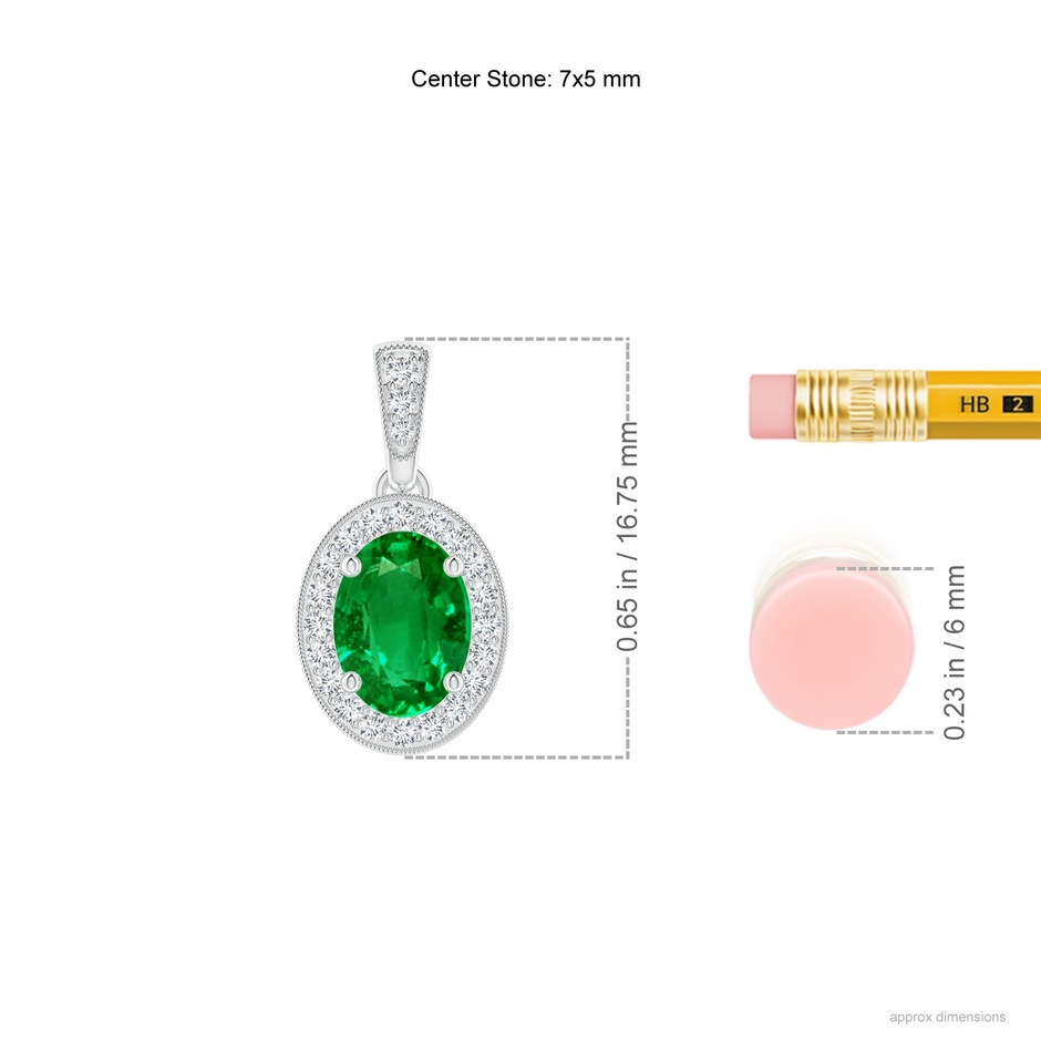 7x5mm AAAA Vintage Style Oval Emerald Pendant with Diamond Halo in White Gold ruler