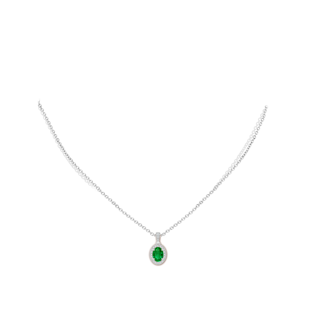 7x5mm AAAA Vintage Style Oval Emerald Pendant with Diamond Halo in White Gold Body-Neck