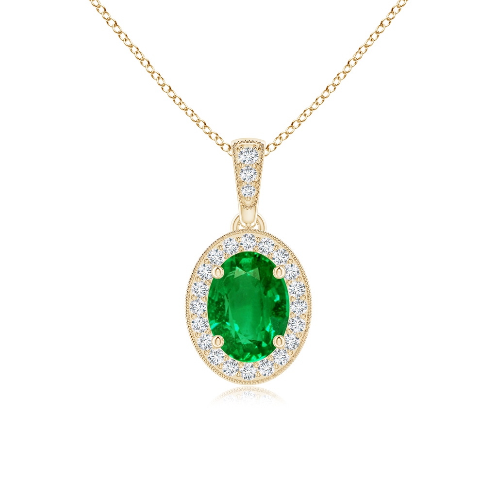 7x5mm AAAA Vintage Style Oval Emerald Pendant with Diamond Halo in Yellow Gold