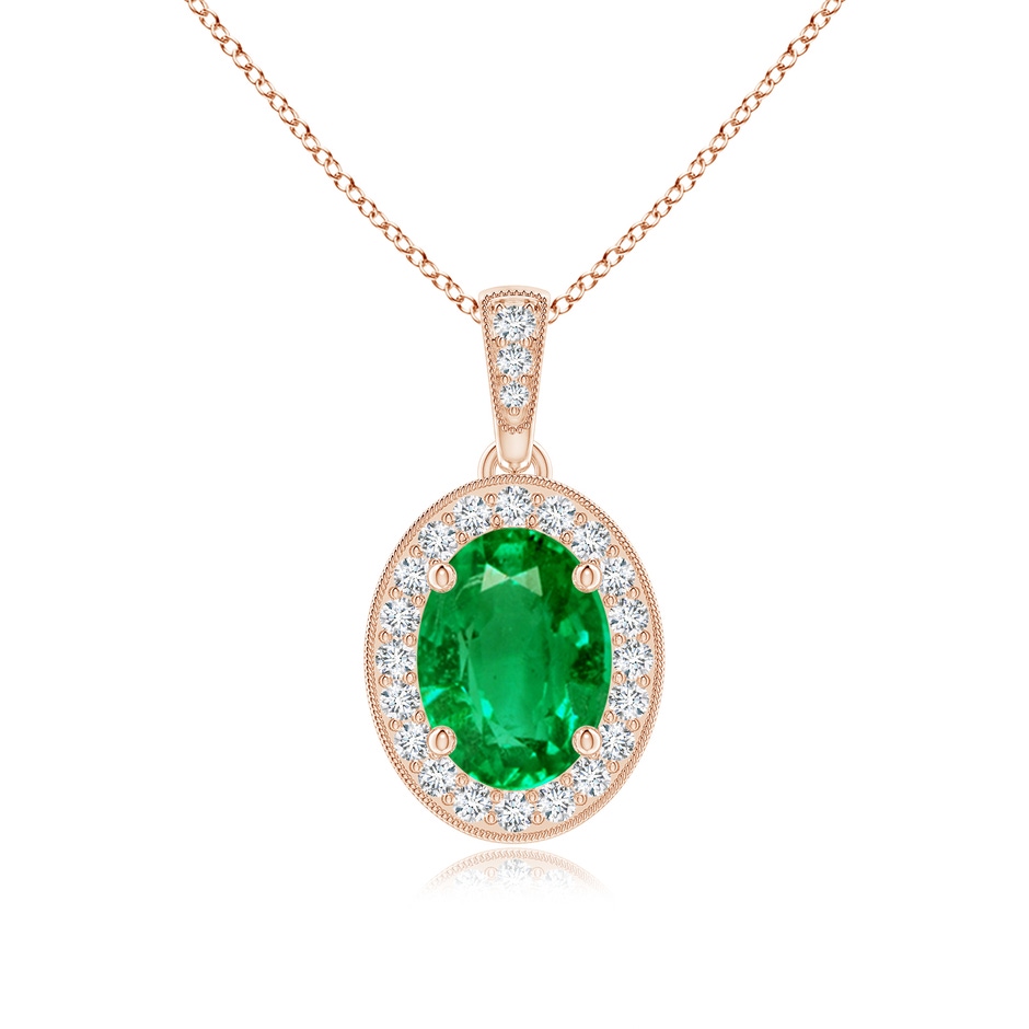 8x6mm AAA Vintage Style Oval Emerald Pendant with Diamond Halo in Rose Gold 