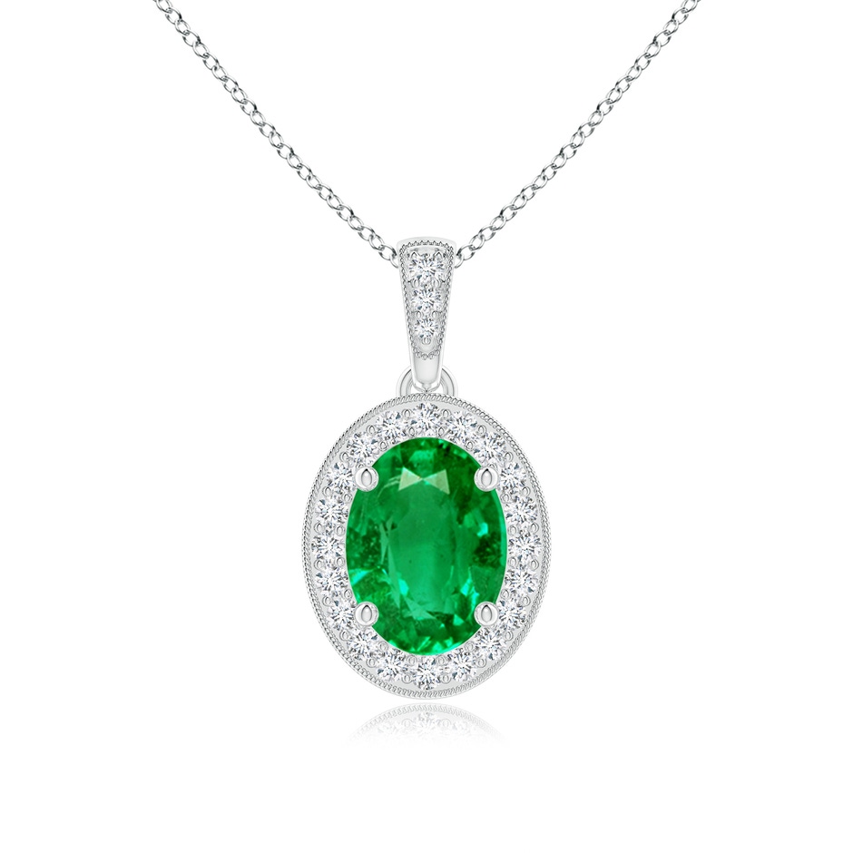 8x6mm AAA Vintage Style Oval Emerald Pendant with Diamond Halo in White Gold 