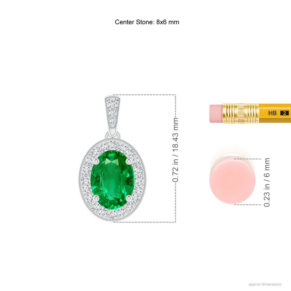 8x6mm AAA Vintage Style Oval Emerald Pendant with Diamond Halo in White Gold ruler