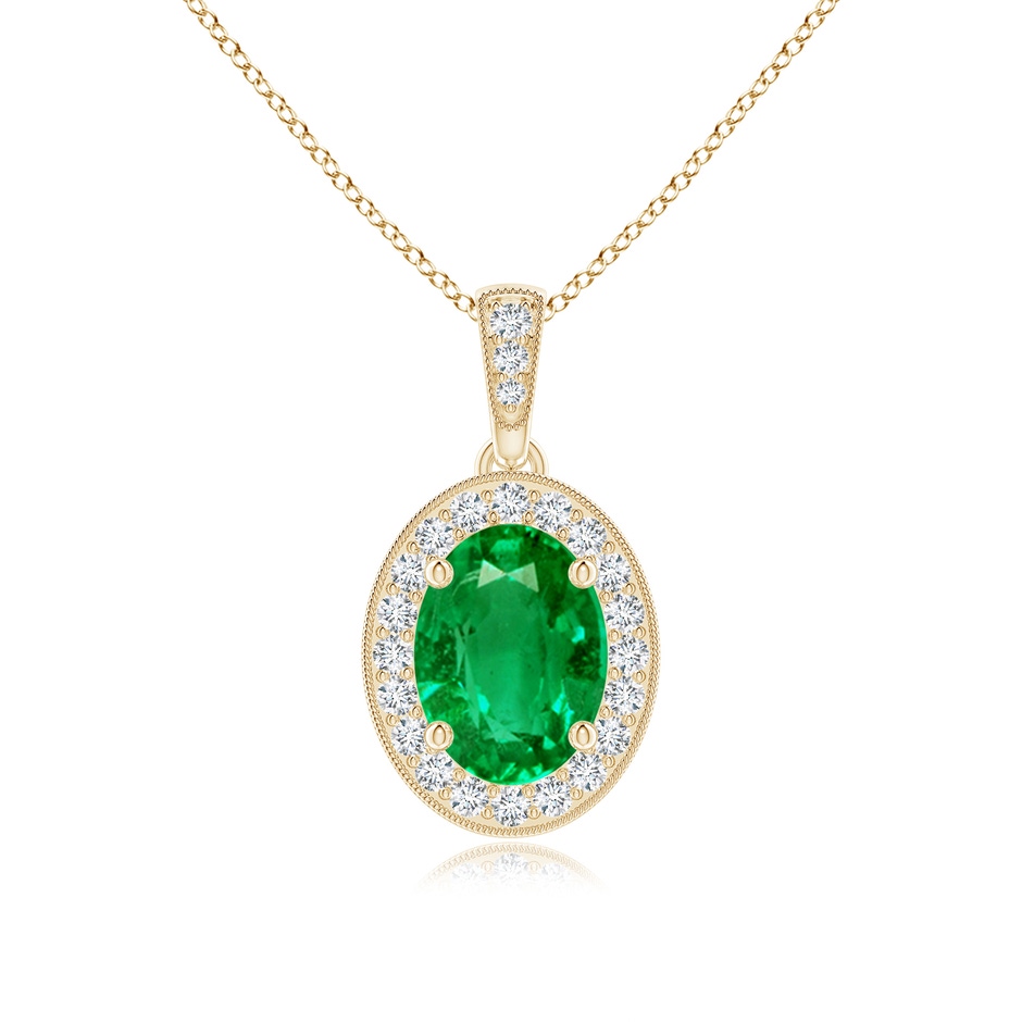 8x6mm AAA Vintage Style Oval Emerald Pendant with Diamond Halo in Yellow Gold 