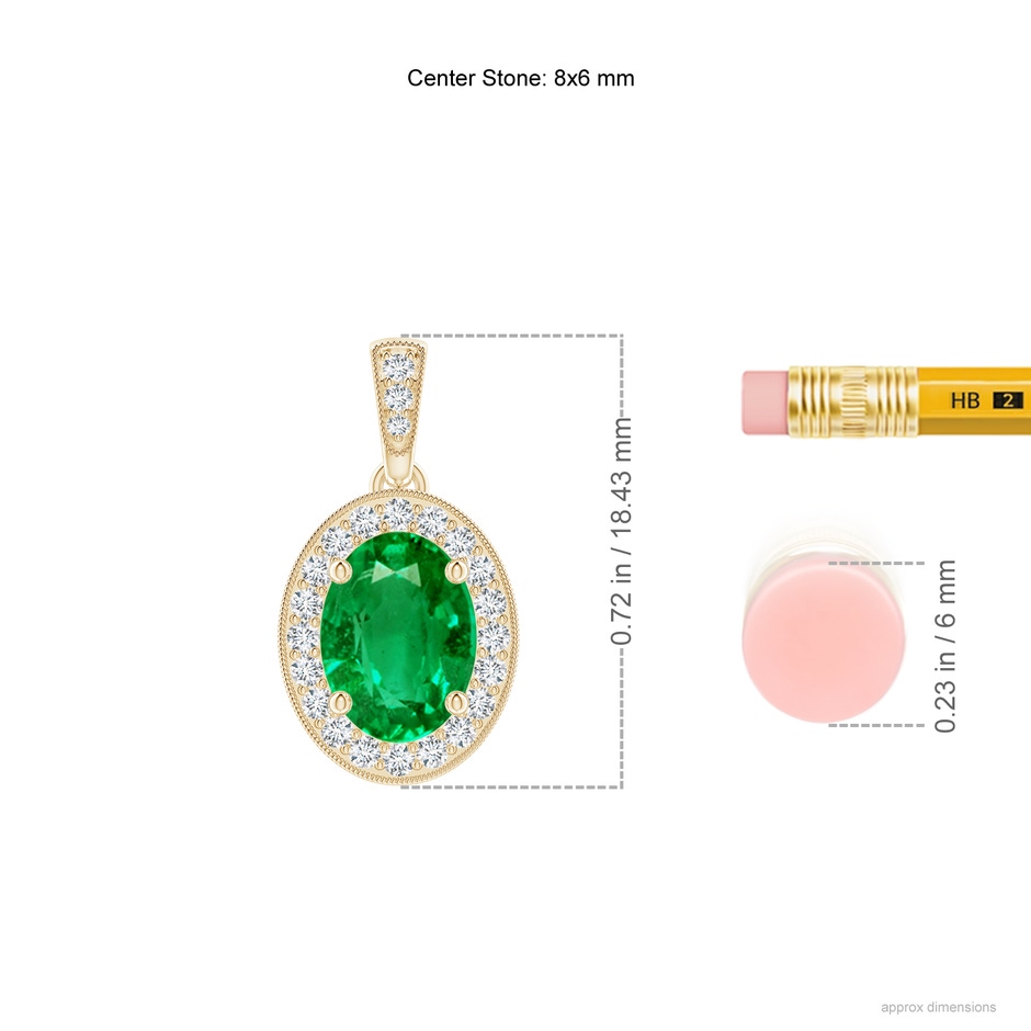 8x6mm AAA Vintage Style Oval Emerald Pendant with Diamond Halo in Yellow Gold ruler