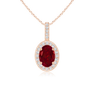 7x5mm AAA Vintage Style Oval Garnet Pendant with Diamond Halo in Rose Gold