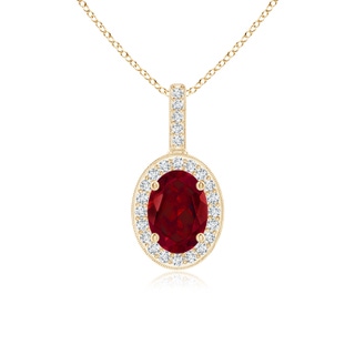 7x5mm AAA Vintage Style Oval Garnet Pendant with Diamond Halo in Yellow Gold