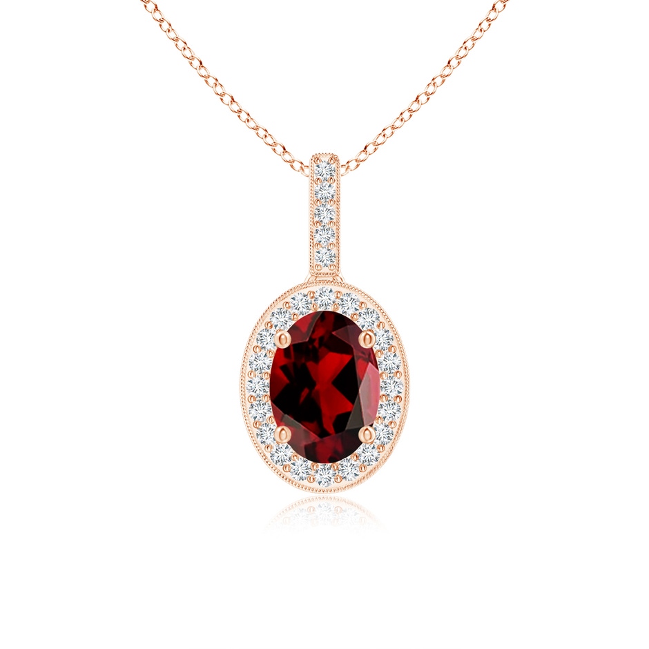 7x5mm AAAA Vintage Style Oval Garnet Pendant with Diamond Halo in Rose Gold 