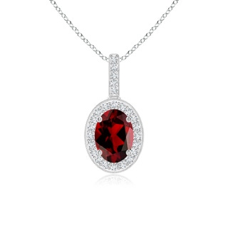 7x5mm AAAA Vintage Style Oval Garnet Pendant with Diamond Halo in White Gold