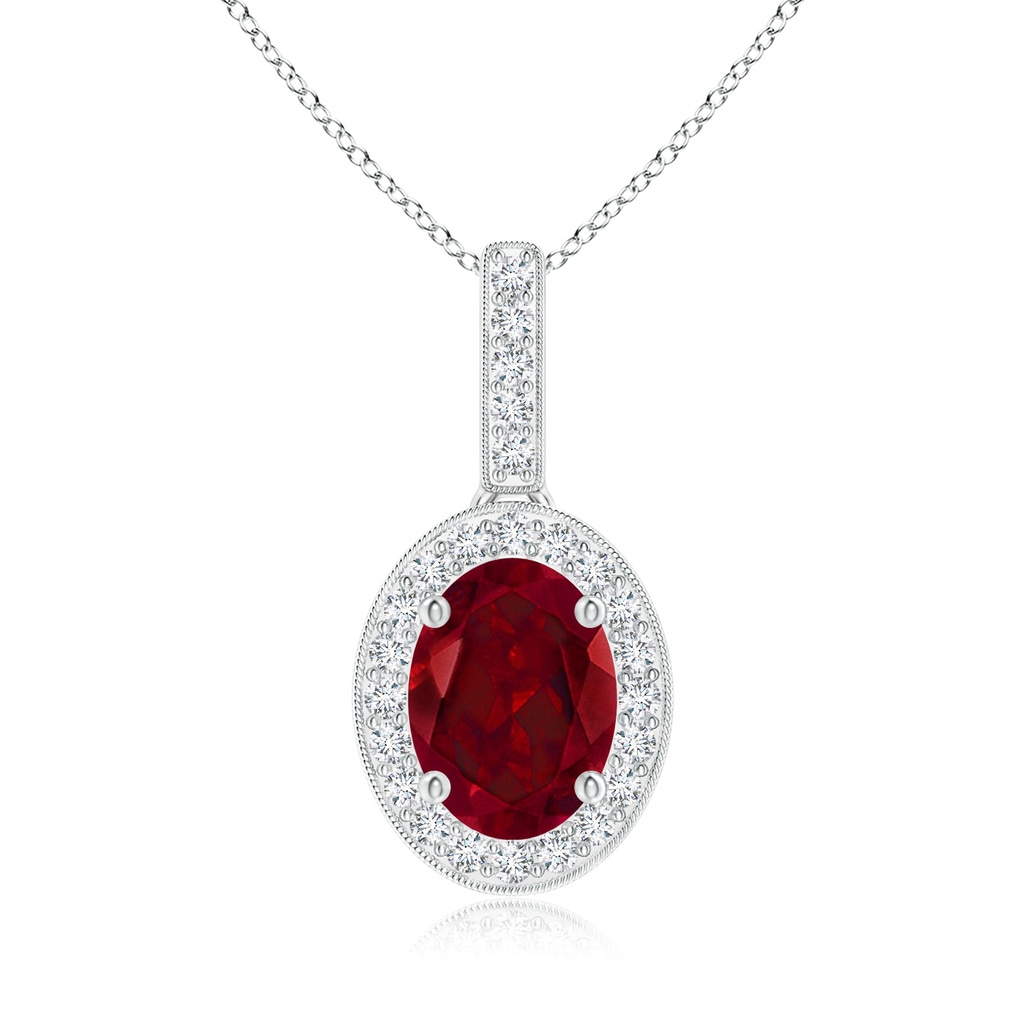 8x6mm AAA Vintage Style Oval Garnet Pendant with Diamond Halo in White Gold 