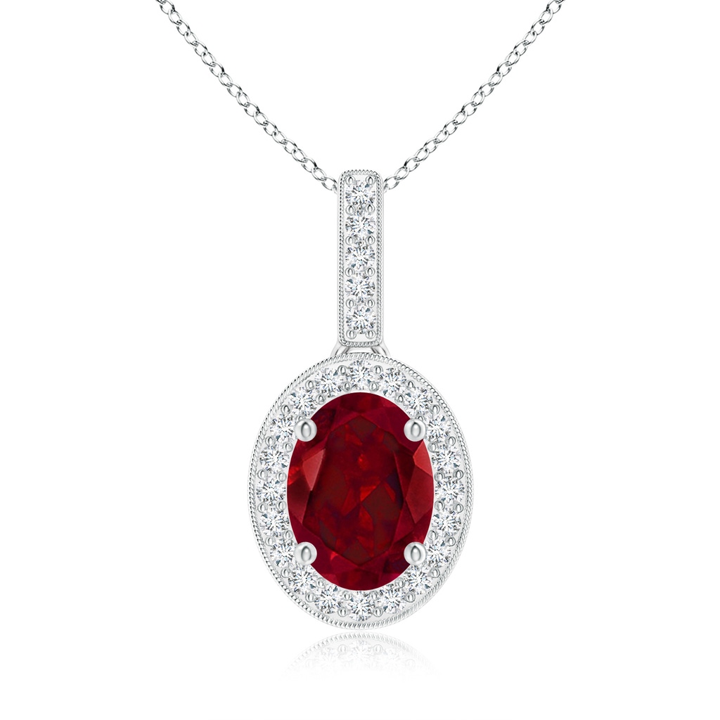 8x6mm AAA Vintage Style Oval Garnet Pendant with Diamond Halo in White Gold