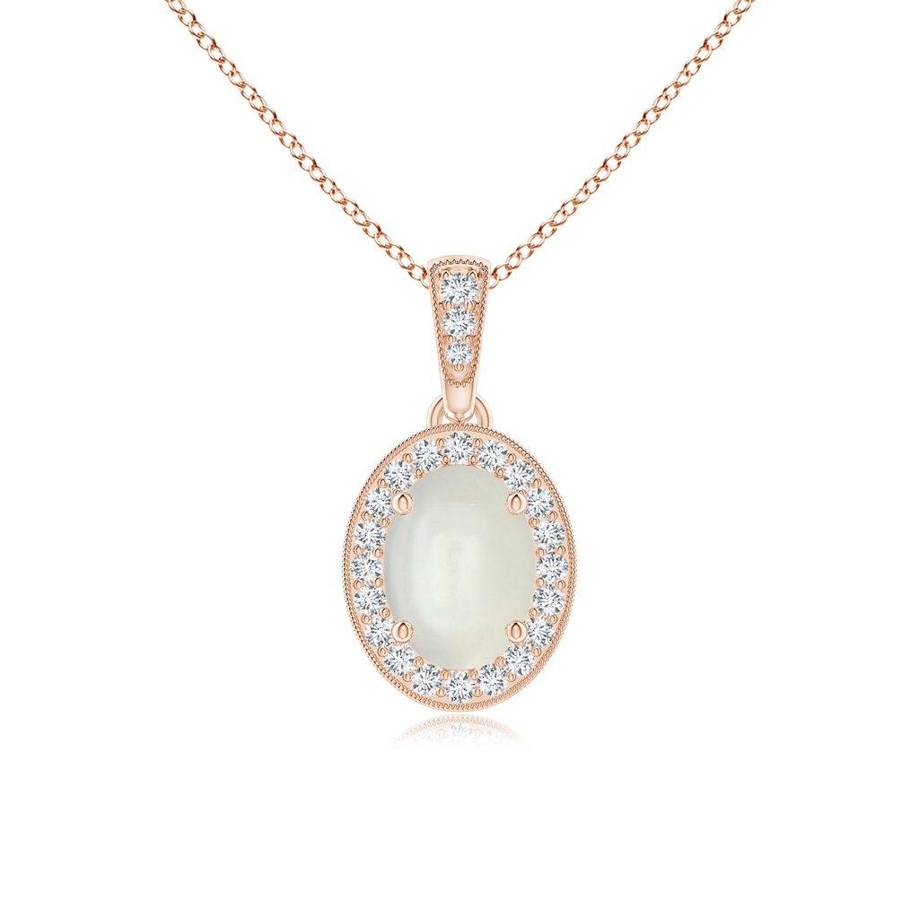 7x5mm AAAA Vintage Style Oval Moonstone Pendant with Diamond Halo in Rose Gold