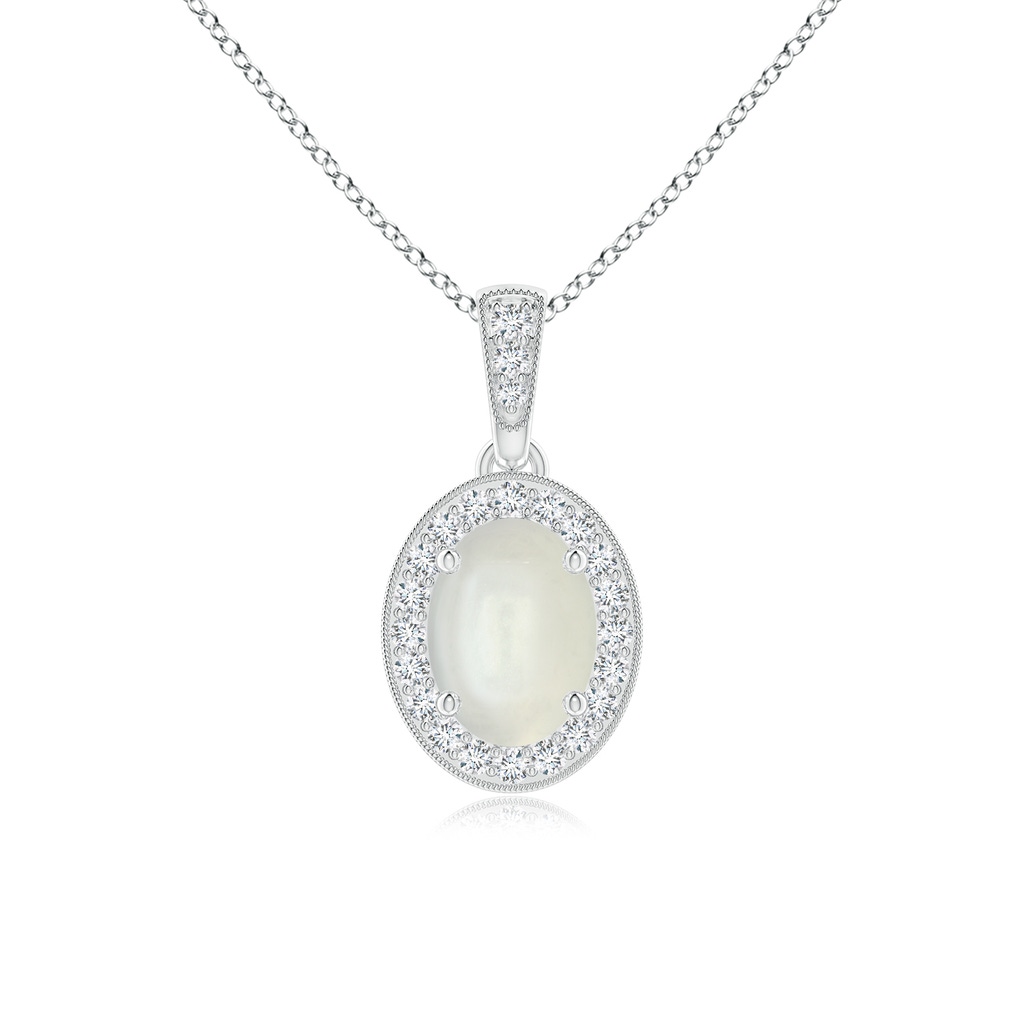 7x5mm AAAA Vintage Style Oval Moonstone Pendant with Diamond Halo in White Gold