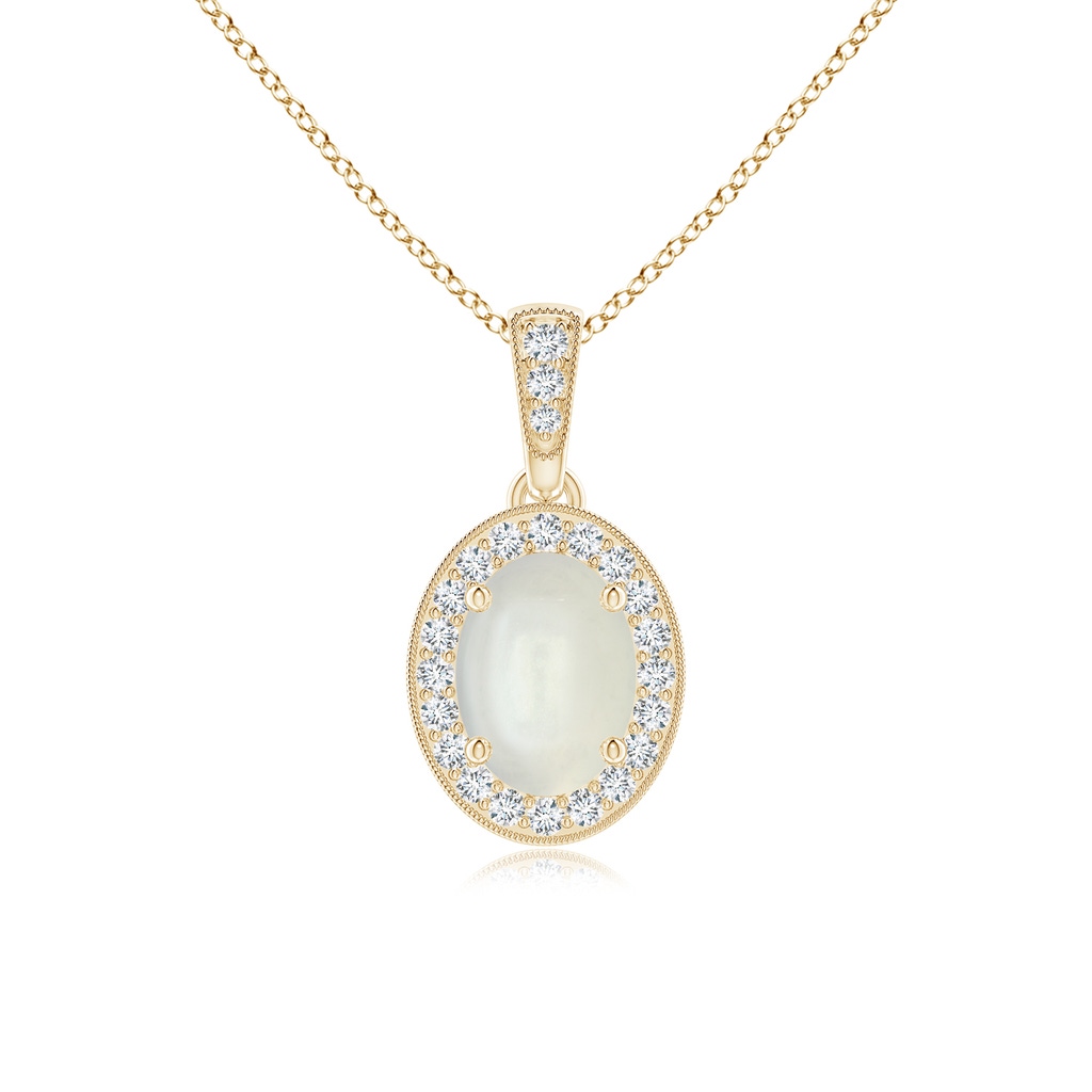 7x5mm AAAA Vintage Style Oval Moonstone Pendant with Diamond Halo in Yellow Gold
