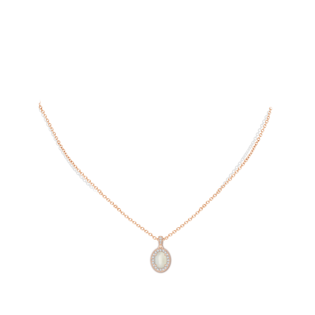 8x6mm AAA Vintage Style Oval Moonstone Pendant with Diamond Halo in Rose Gold Body-Neck