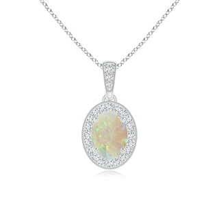 7x5mm AAA Vintage Style Oval Opal Pendant with Diamond Halo in 9K White Gold
