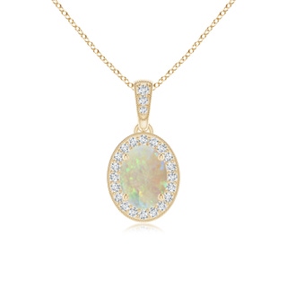 7x5mm AAA Vintage Style Oval Opal Pendant with Diamond Halo in Yellow Gold