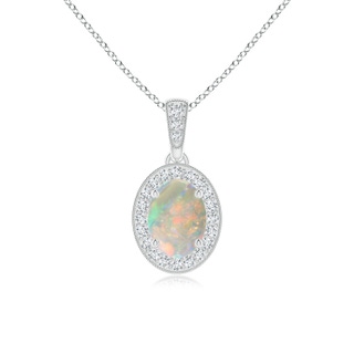 7x5mm AAAA Vintage Style Oval Opal Pendant with Diamond Halo in White Gold