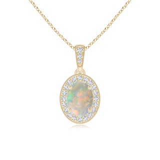 7x5mm AAAA Vintage Style Oval Opal Pendant with Diamond Halo in Yellow Gold