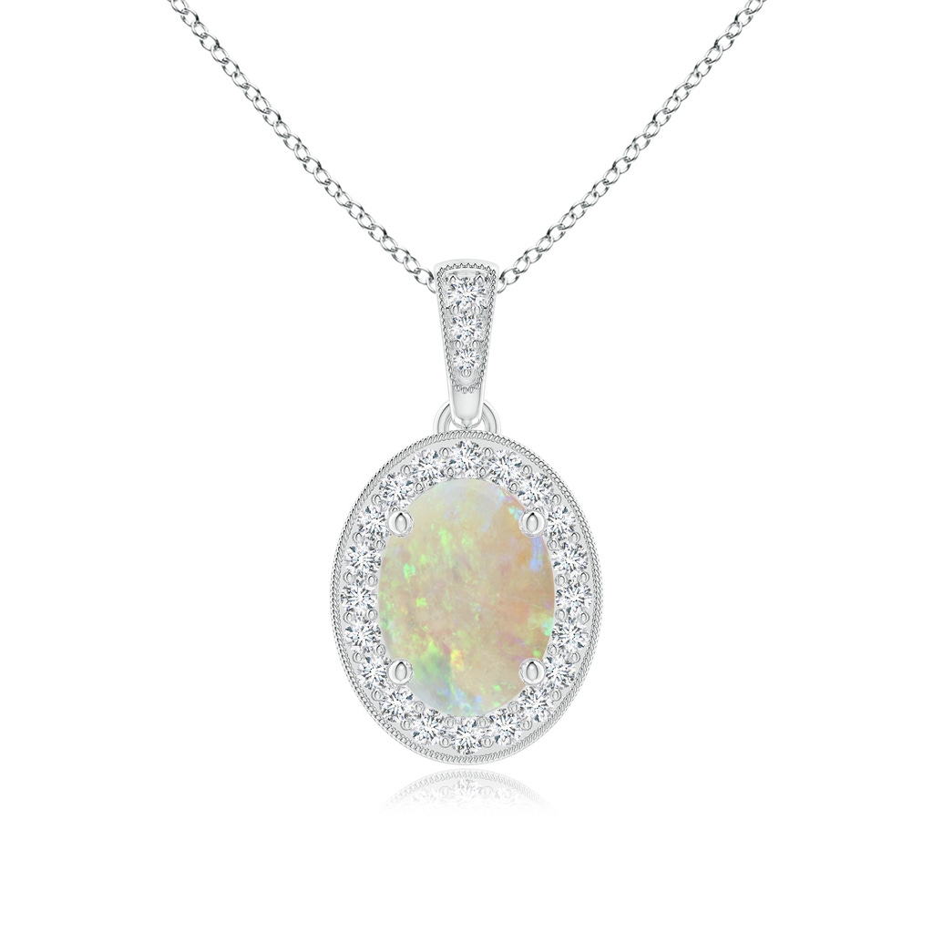 8x6mm AAA Vintage Style Oval Opal Pendant with Diamond Halo in White Gold 