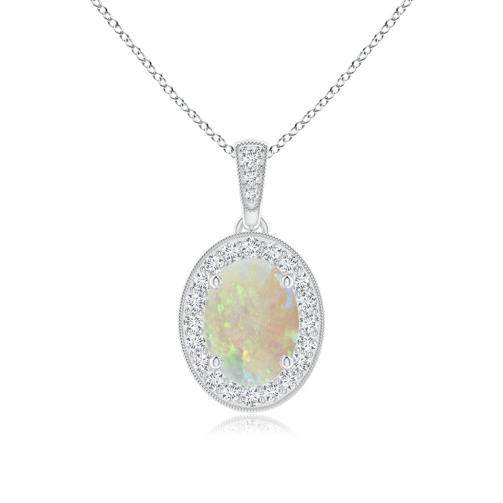 8x6mm AAA Vintage Style Oval Opal Pendant with Diamond Halo in White Gold