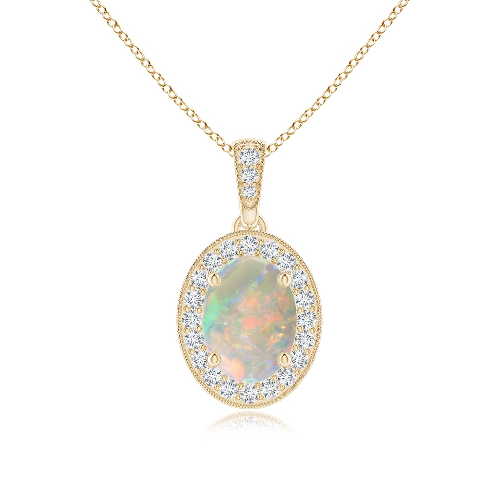 8x6mm AAAA Vintage Style Oval Opal Pendant with Diamond Halo in Yellow Gold