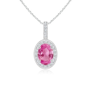 7x5mm AAA Vintage Style Oval Pink Sapphire Pendant with Diamond Halo in White Gold
