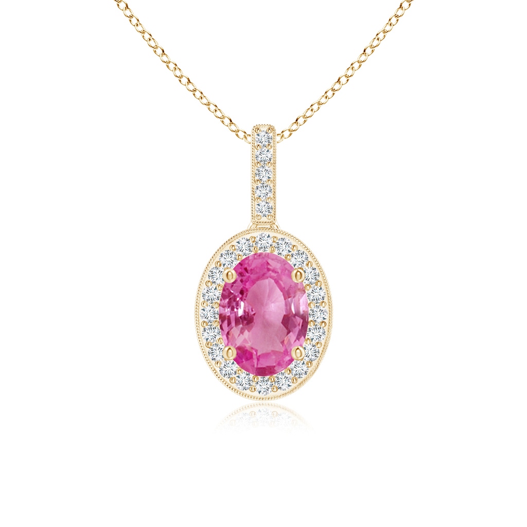 7x5mm AAA Vintage Style Oval Pink Sapphire Pendant with Diamond Halo in Yellow Gold