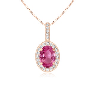 7x5mm AAAA Vintage Style Oval Pink Sapphire Pendant with Diamond Halo in Rose Gold