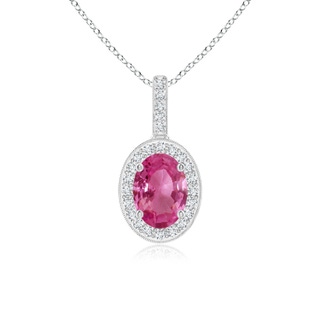 7x5mm AAAA Vintage Style Oval Pink Sapphire Pendant with Diamond Halo in White Gold