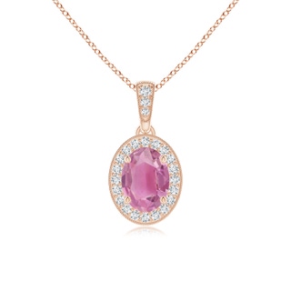 7x5mm AA Vintage Style Oval Pink Tourmaline Pendant with Diamond Halo in Rose Gold