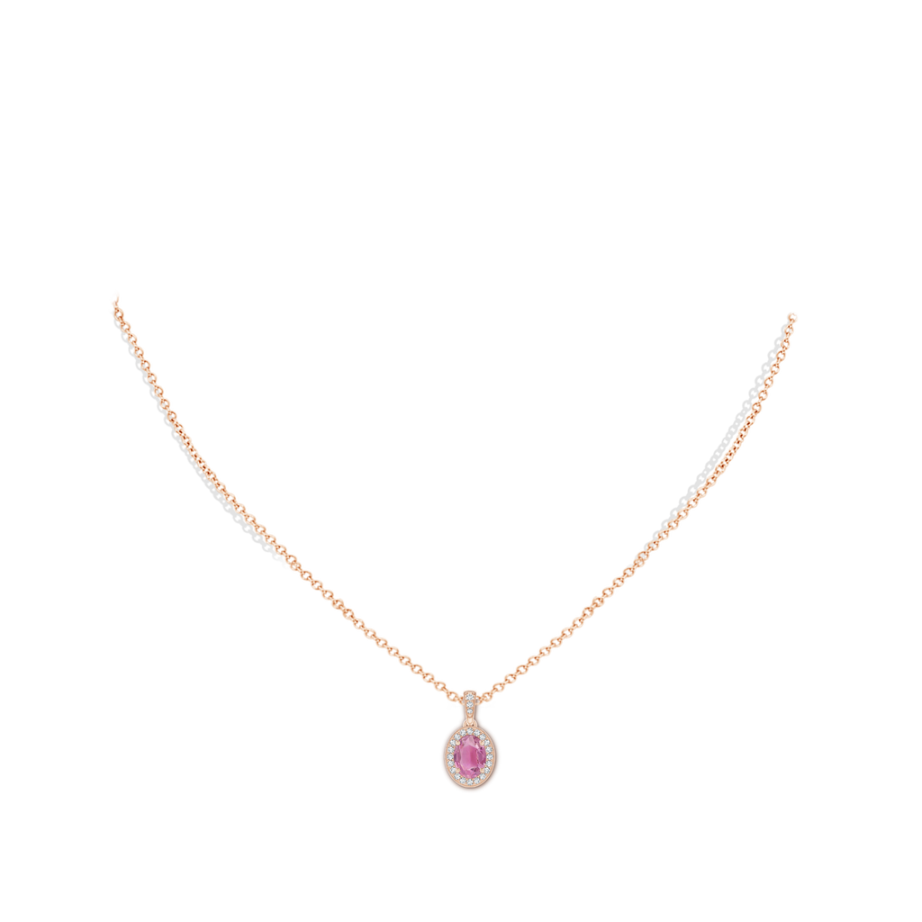 7x5mm AA Vintage Style Oval Pink Tourmaline Pendant with Diamond Halo in Rose Gold Body-Neck