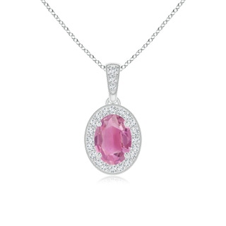 7x5mm AA Vintage Style Oval Pink Tourmaline Pendant with Diamond Halo in White Gold