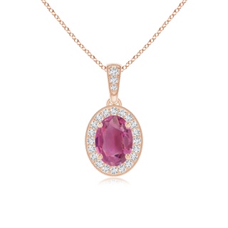 7x5mm AAA Vintage Style Oval Pink Tourmaline Pendant with Diamond Halo in 9K Rose Gold