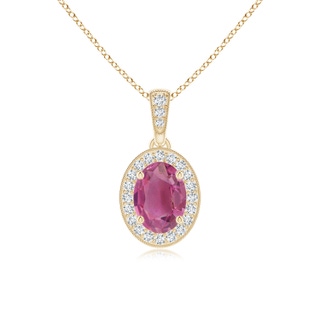7x5mm AAA Vintage Style Oval Pink Tourmaline Pendant with Diamond Halo in Yellow Gold