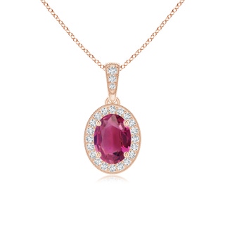 7x5mm AAAA Vintage Style Oval Pink Tourmaline Pendant with Diamond Halo in 9K Rose Gold