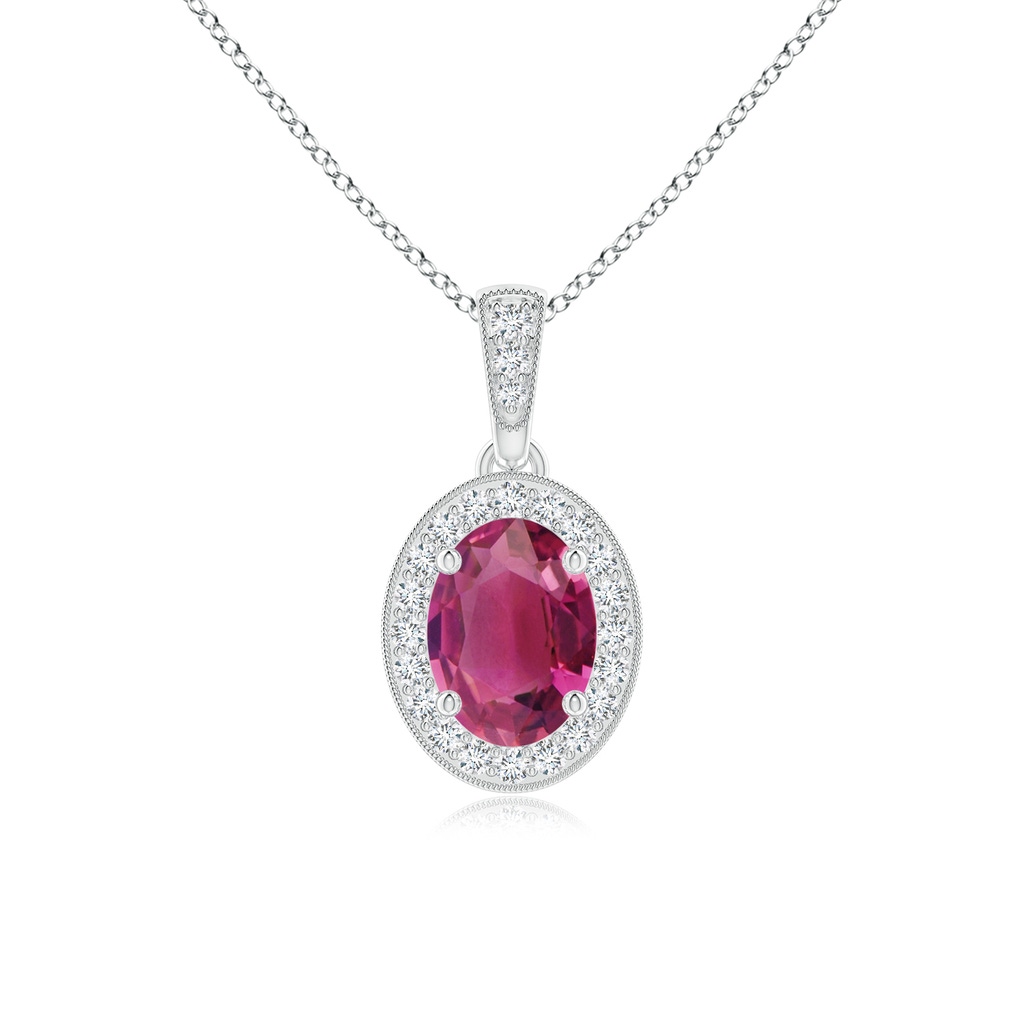 7x5mm AAAA Vintage Style Oval Pink Tourmaline Pendant with Diamond Halo in P950 Platinum