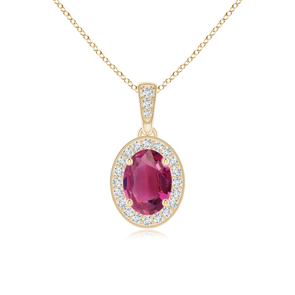 7x5mm AAAA Vintage Style Oval Pink Tourmaline Pendant with Diamond Halo in Yellow Gold