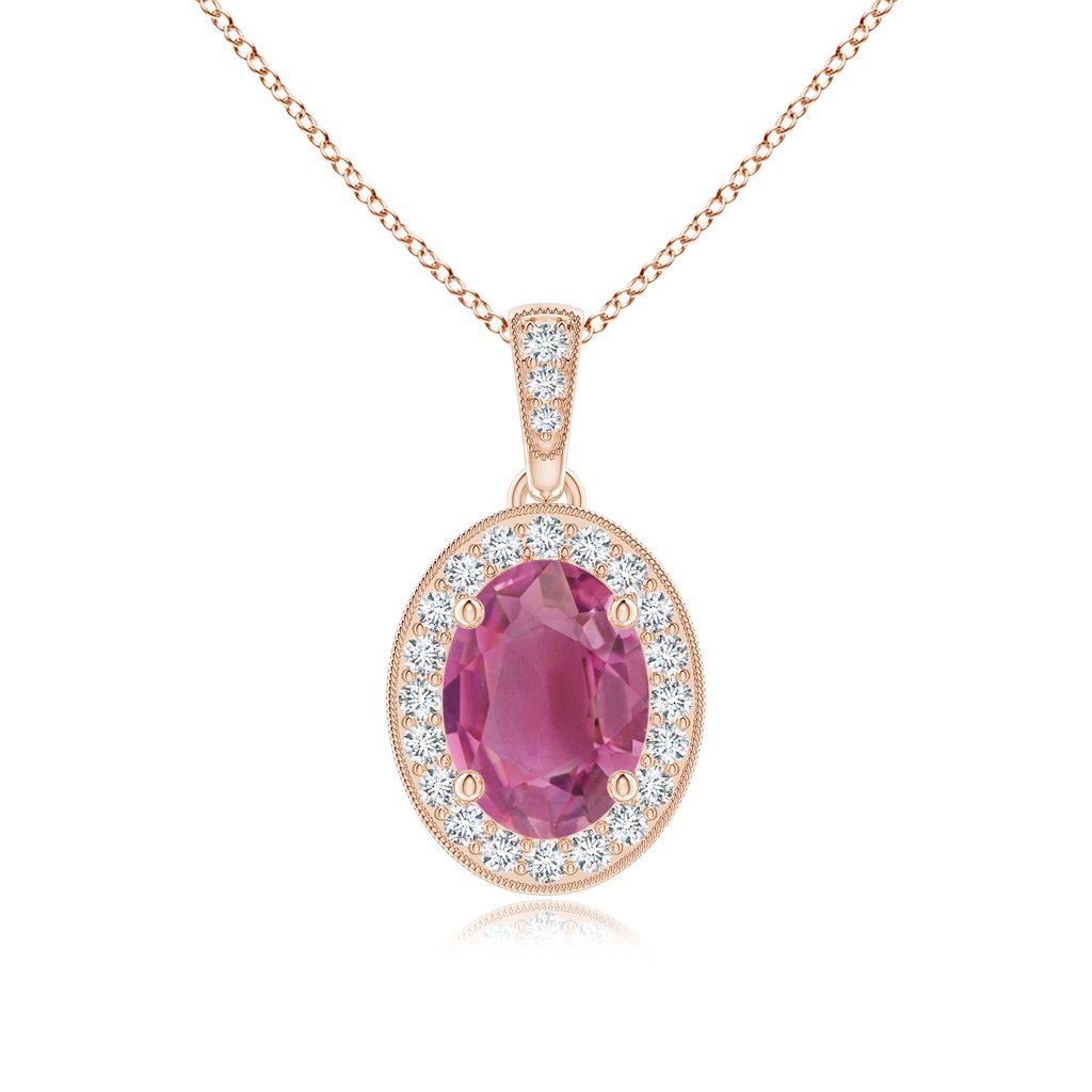 8x6mm AAA Vintage Style Oval Pink Tourmaline Pendant with Diamond Halo in Rose Gold