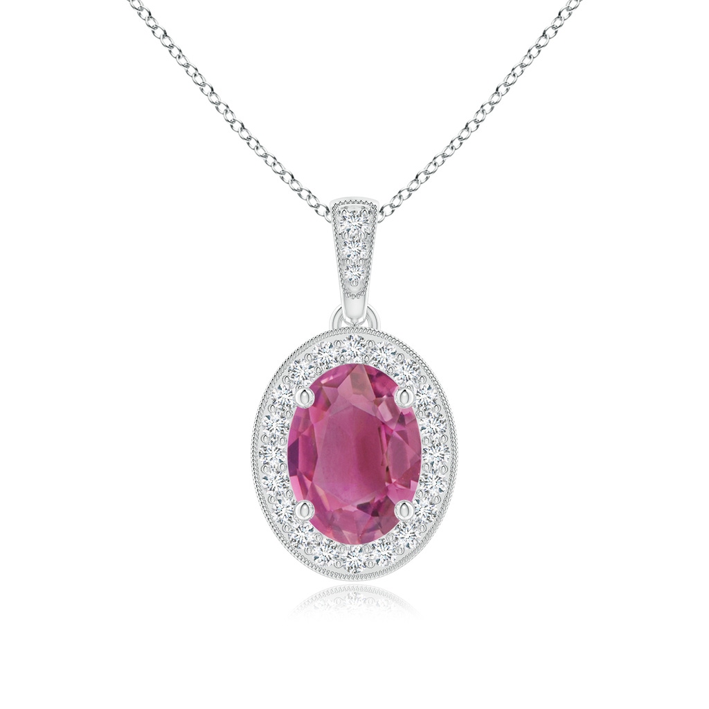 8x6mm AAA Vintage Style Oval Pink Tourmaline Pendant with Diamond Halo in White Gold