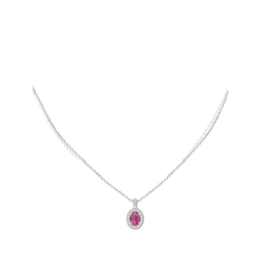 8x6mm AAA Vintage Style Oval Pink Tourmaline Pendant with Diamond Halo in White Gold Body-Neck