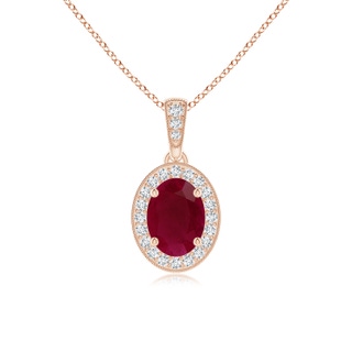 7x5mm A Vintage Style Oval Ruby Pendant with Diamond Halo in 9K Rose Gold